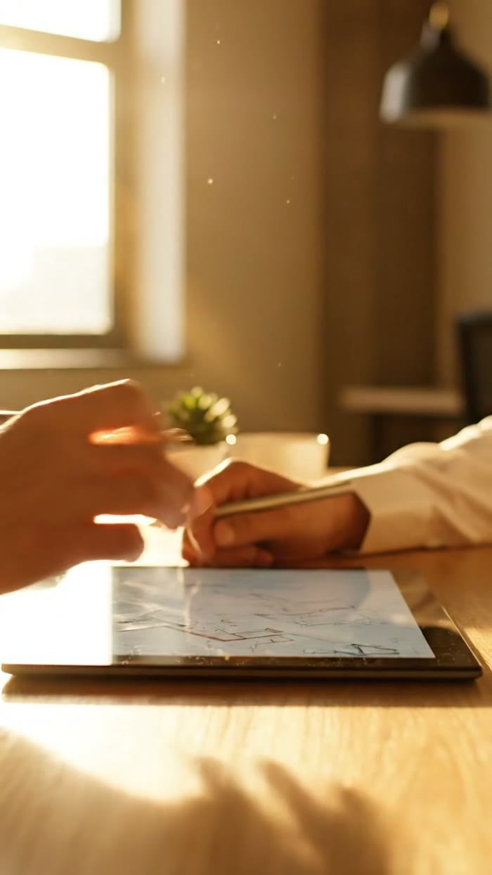 Frame from a brand story example - hands sketching in golden light