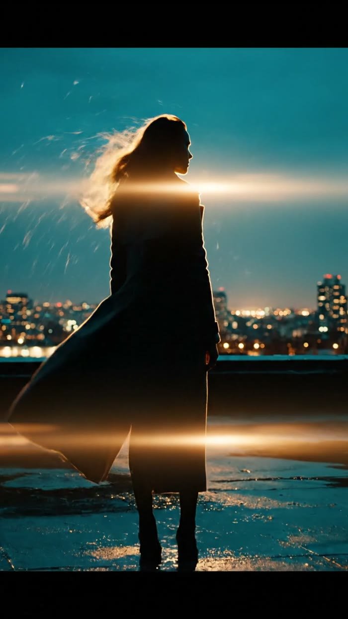 Frame from a music video example - a silhouette at blue hour on a rooftop