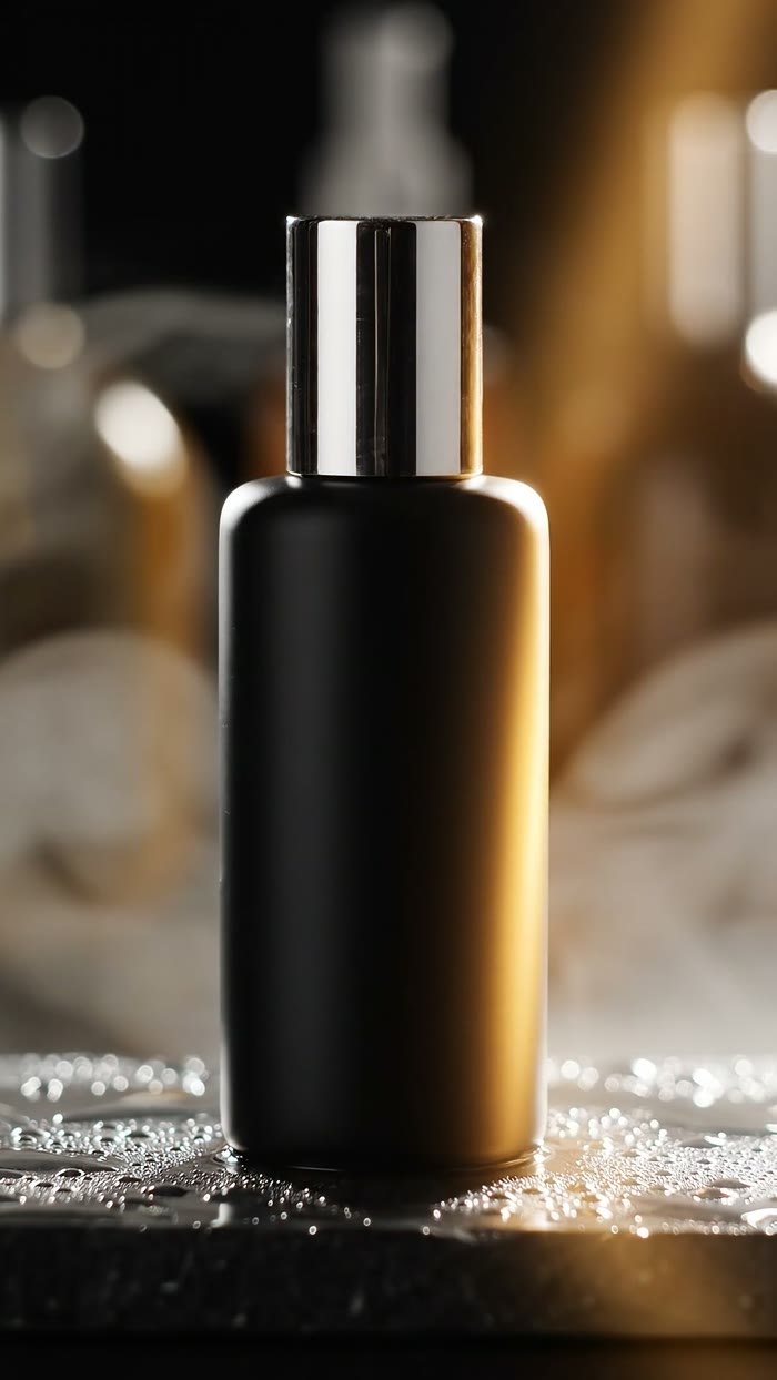 Frame from a product explainer example - bottle on wet stone