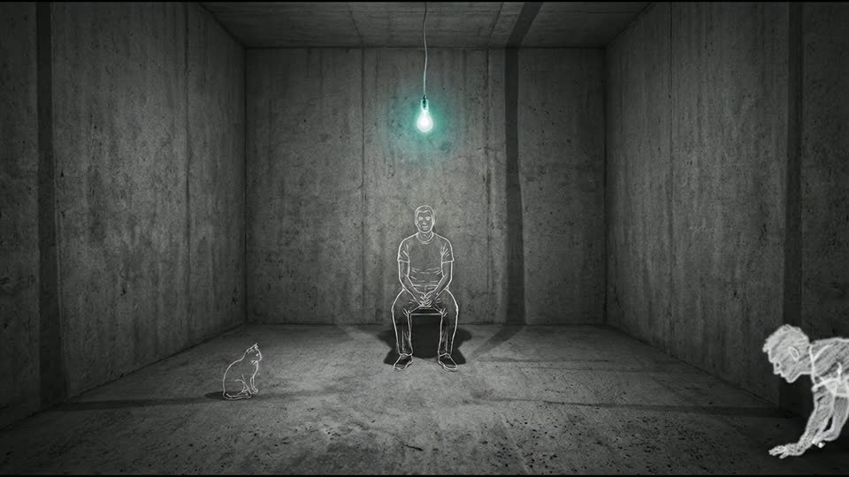 Line-drawn figure sitting alone under a glowing bulb in a concrete room, from an animated music video